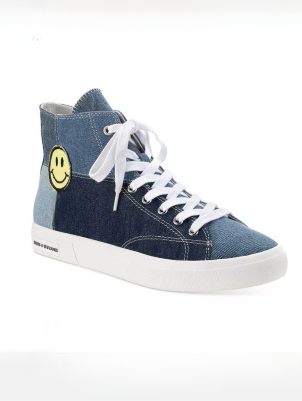 Sun + Stone denim smiley face patchwork high‎ top sneakers men's 11.5